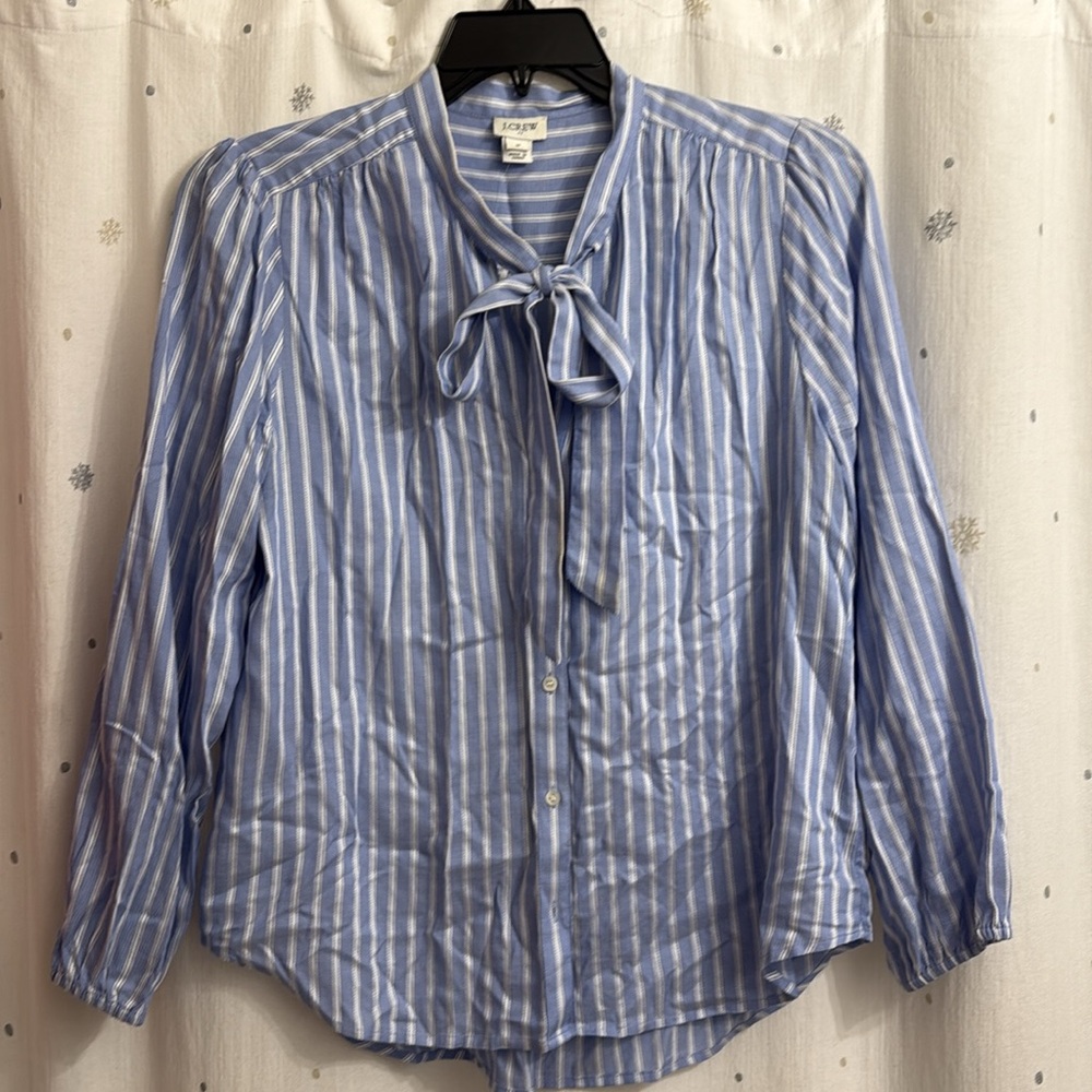 JCrew Blue Striped Pussybow Tieneck blouse